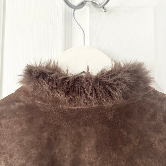 Coldwater Creek Chocolate Brown Suede Fur Trim Zip Trucker Jacket Y2K Vintage L - Picture 9 of 9